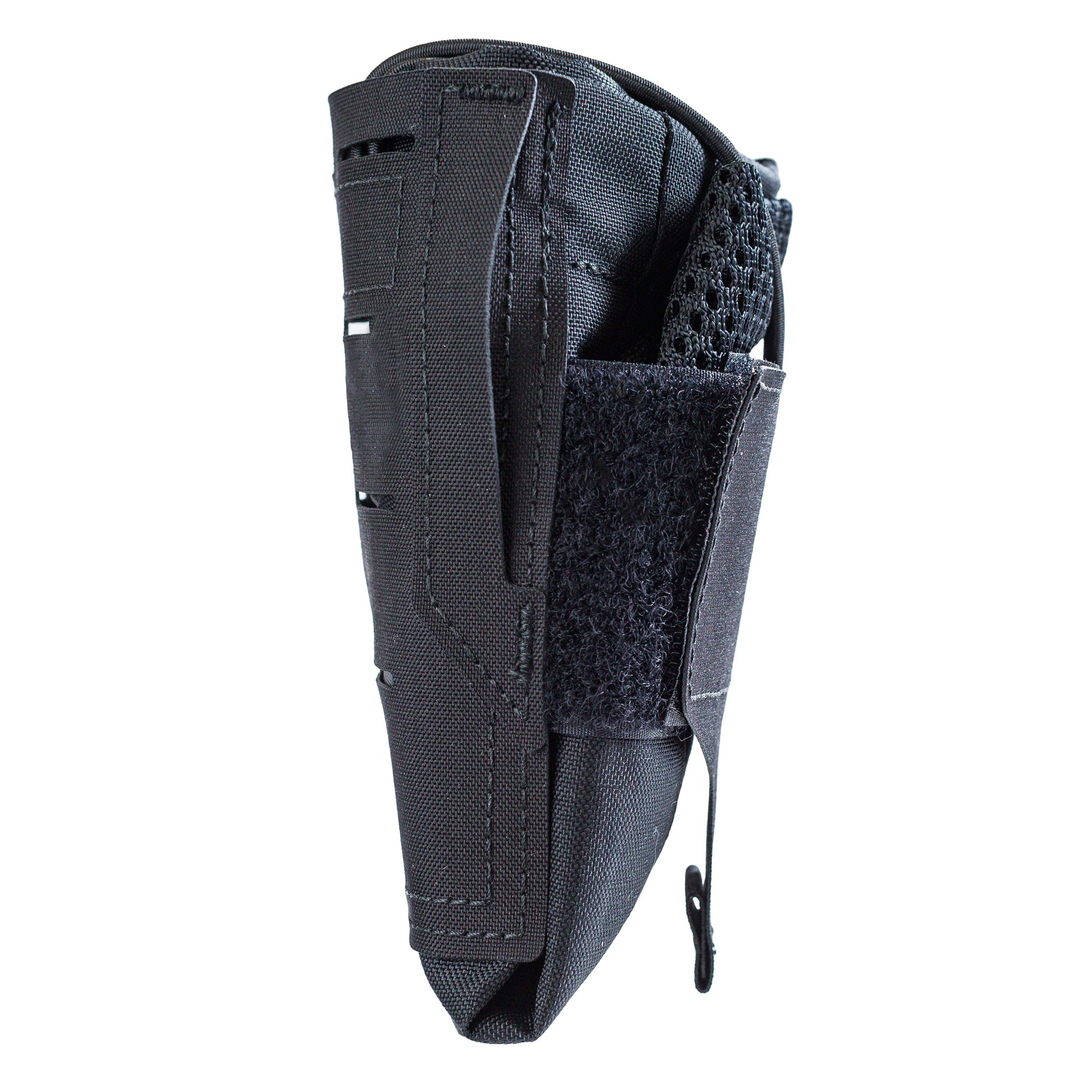 Schwarzes, vertikales Airsoft-Magazintasche mit Klettverschluss und Netzstoff an der Seite.