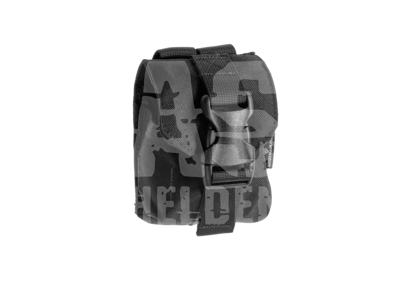 Schwarze, kompakte Airsoft-Tasche mit Clipverschluss und Camouflage-Muster. Ideal für Zubehörtransport.