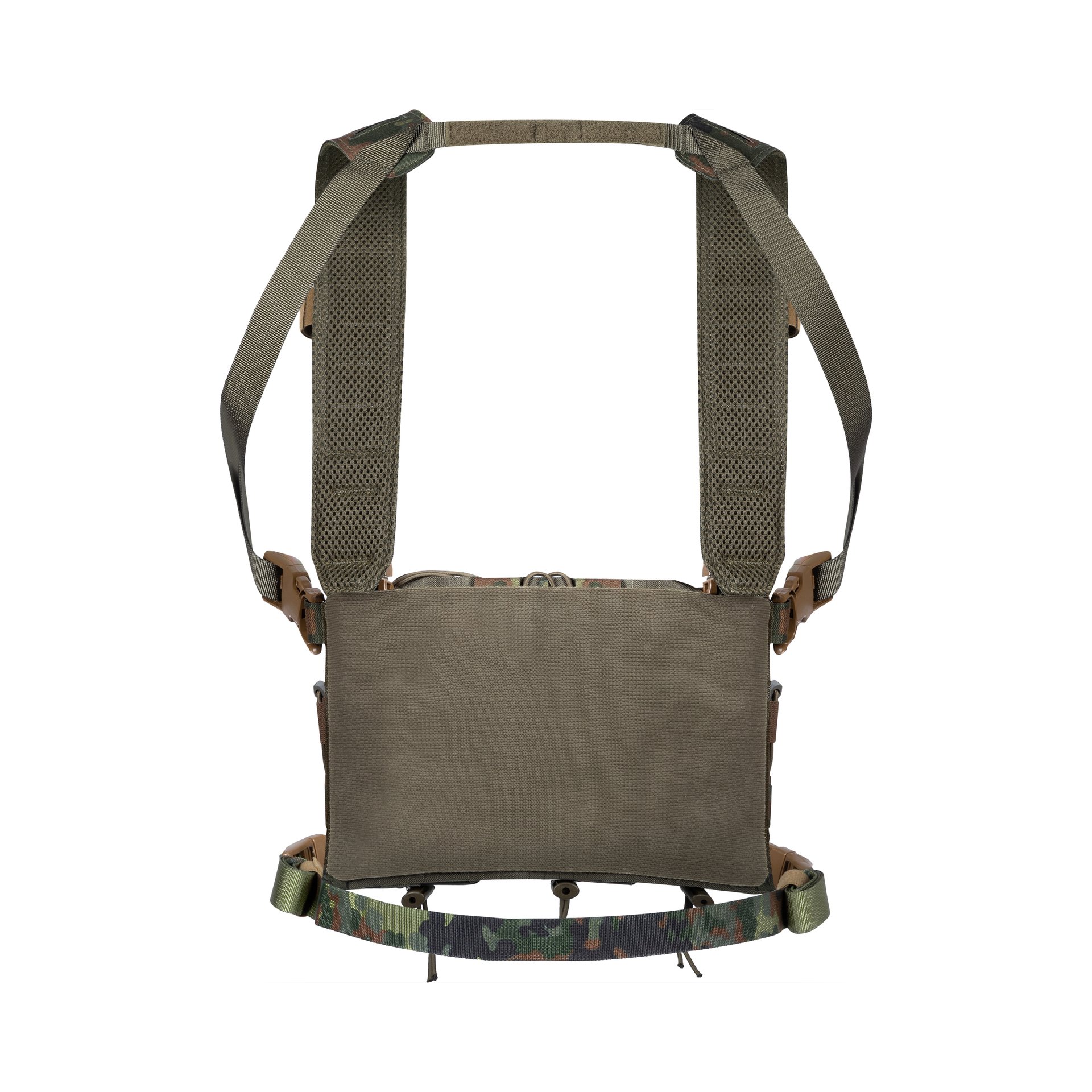 Taktisches Chest Rig in Olivgrün mit robusten Trägern und Tarnmuster-Gurt für Airsoft-Einsätze.