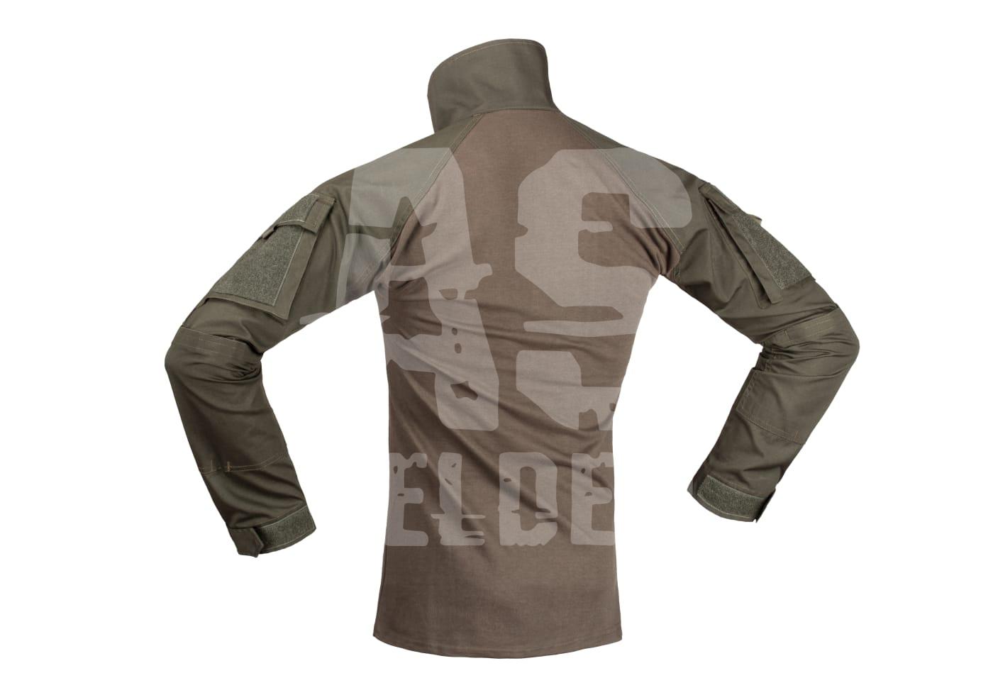 Rückansicht eines olivgrünen taktischen Combat-Shirts mit langen Ärmeln. Ideal für Airsoft-Ausrüstung.