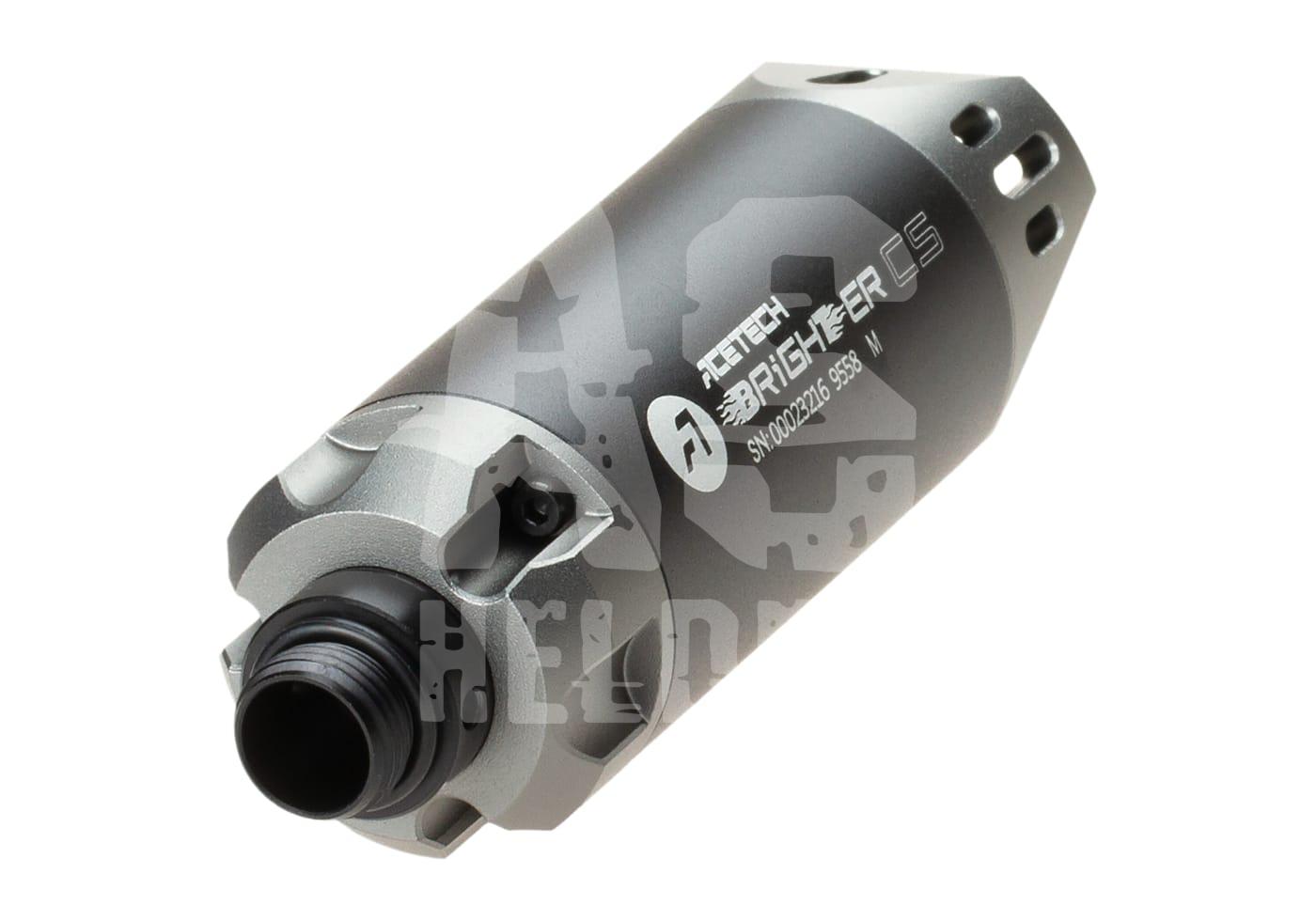 Acetech Brighter C, Airsoft-Tracer-Modul mit grauem Gehäuse, Schriftzug und Anschlüssen, seitliche Ansicht.