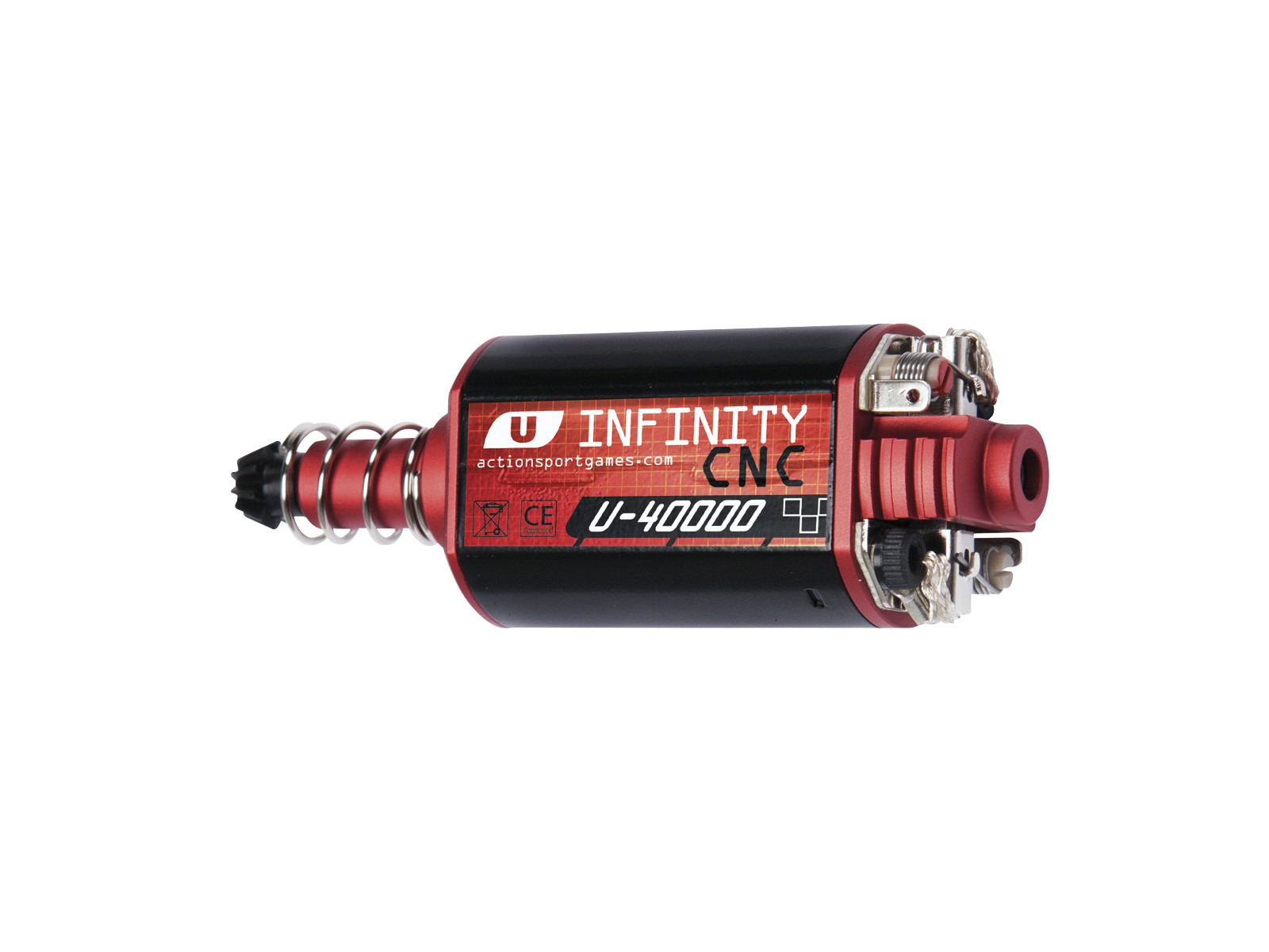 Airsoft-Innenmotor in Rot und Schwarz, Modell "Infinity CNC U-40000" mit Federsystem.