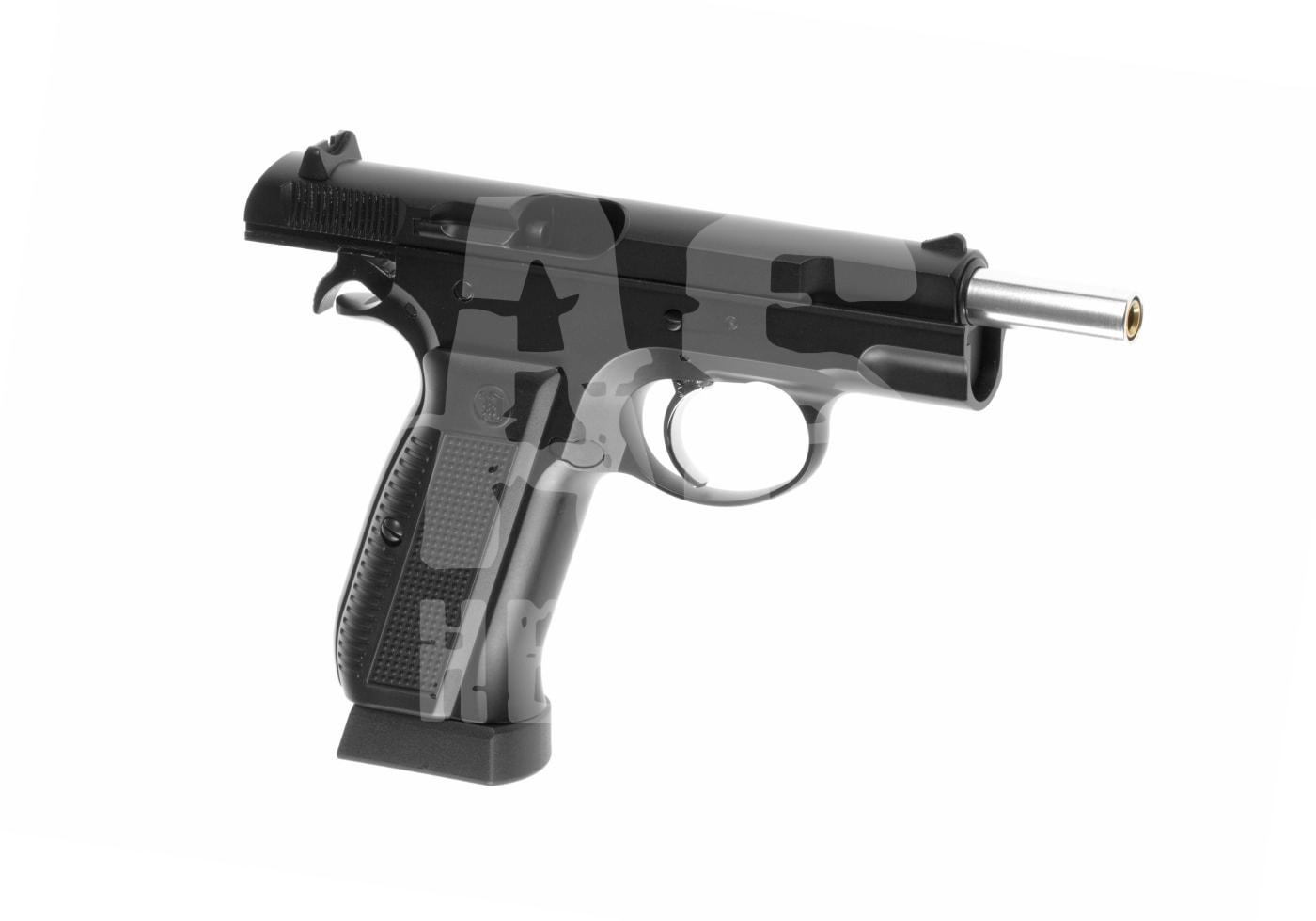 KJ Works KP-09 Full Metal Co2 - ab 18 Jahren Schwarze Airsoft-Pistole mit silbernem Lauf auf weißem Hintergrund.