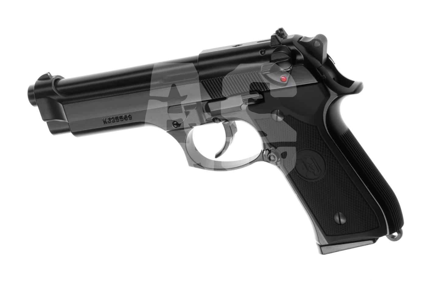 Schwarze Airsoft-Pistole im Profil, detaillierte Grifffläche und Abzug sichtbar.