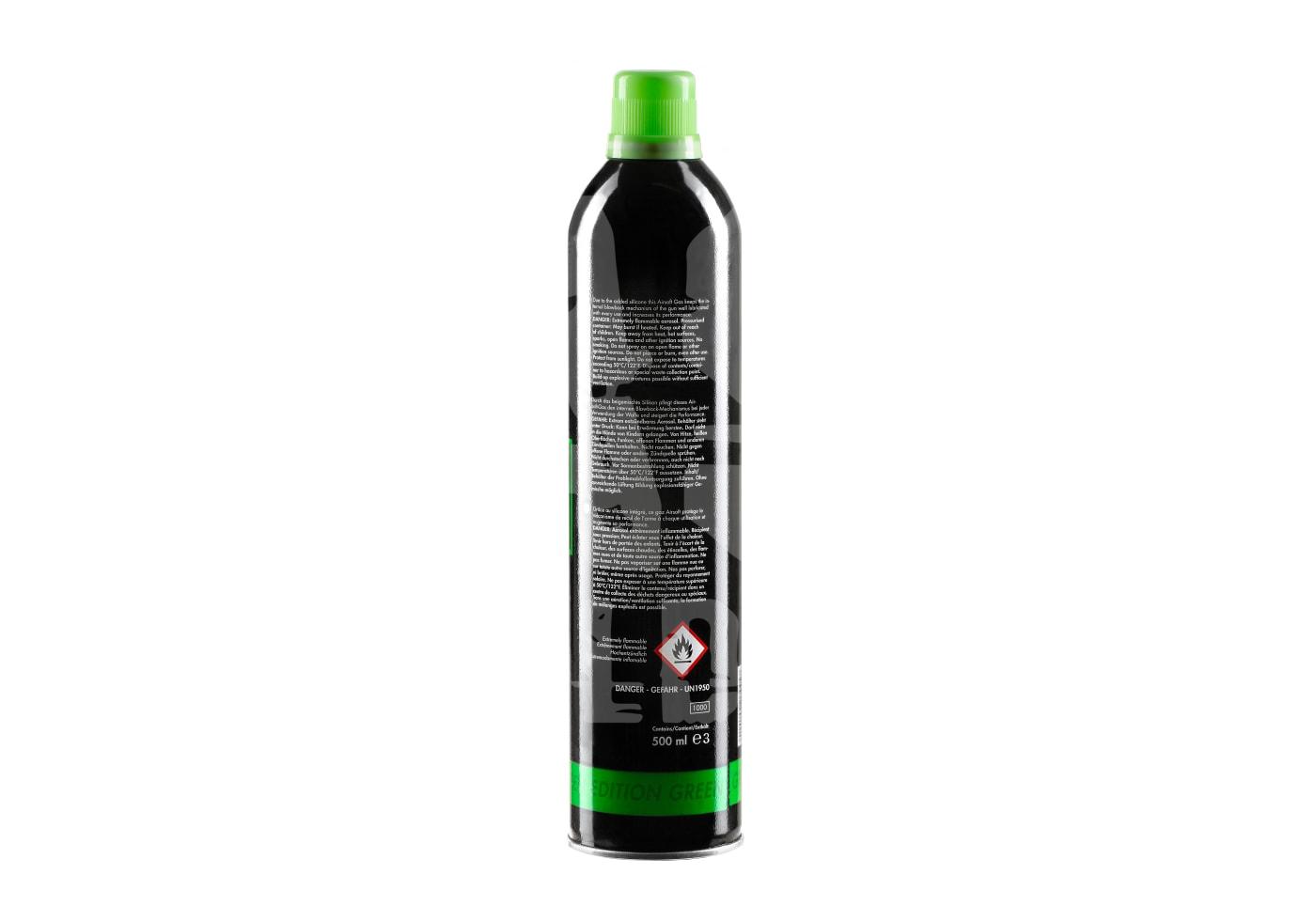 Schwarze Gasflasche mit grünem Deckel, 500 ml, Airsoft-Zubehör.