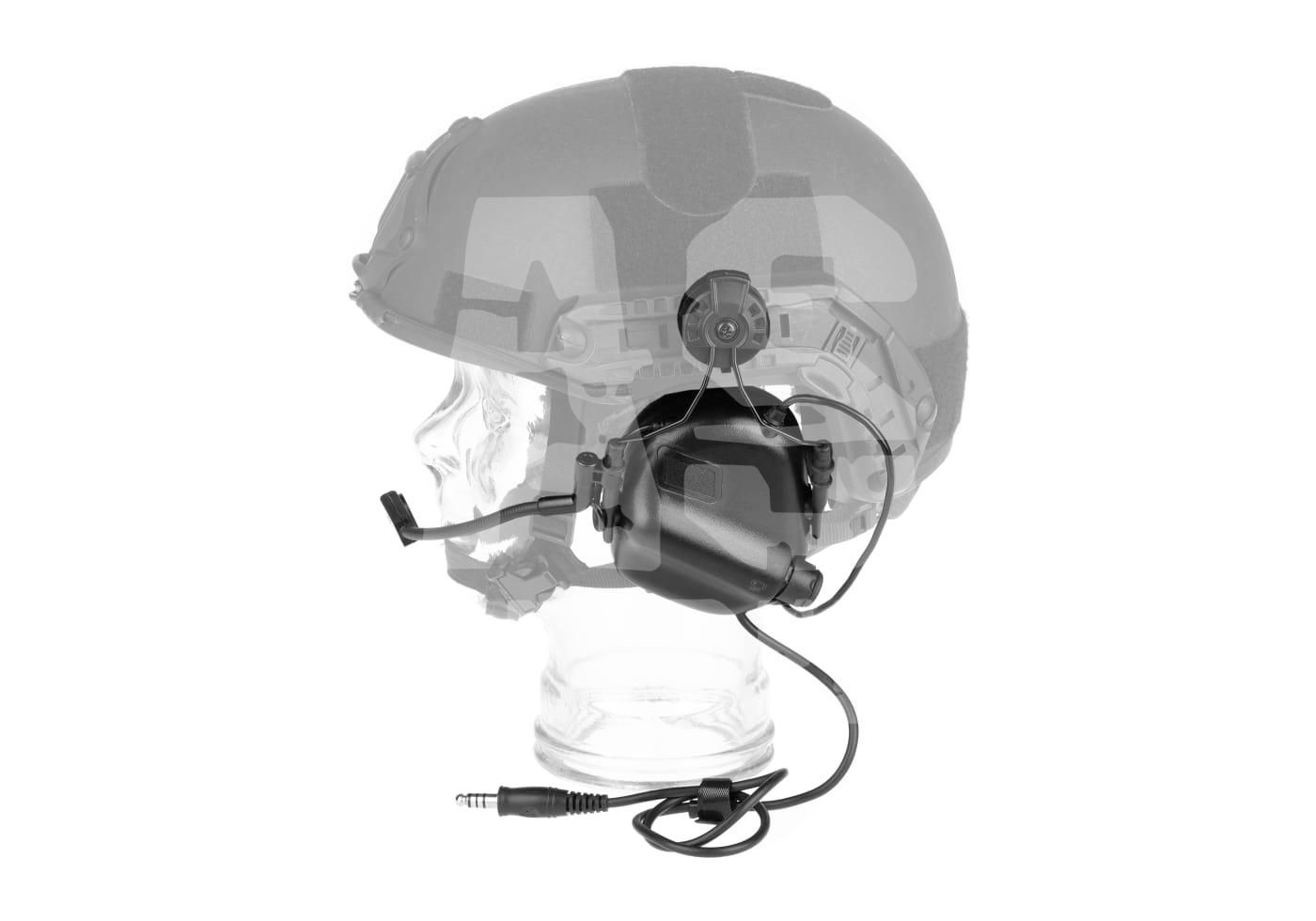 Taktischer Helm mit integriertem Headset und Mikrofon, seitliche Ansicht. Ideal für Airsoft-Spiele.