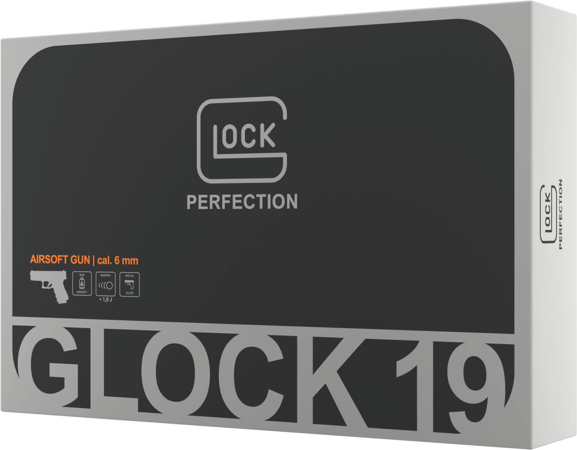 GLOCK 19 Airsoft-Pistolenverpackung, Kaliber 6 mm, mit Logos und Grafiken auf schwarzem Hintergrund.