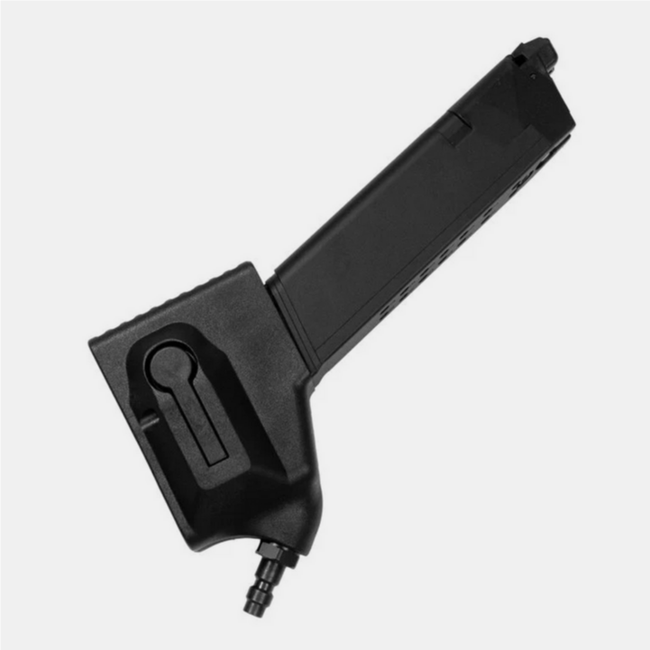 Schwarzes Airsoft-Speedloader-Magazin mit Schnellauslassdüse, seitliche Ansicht.