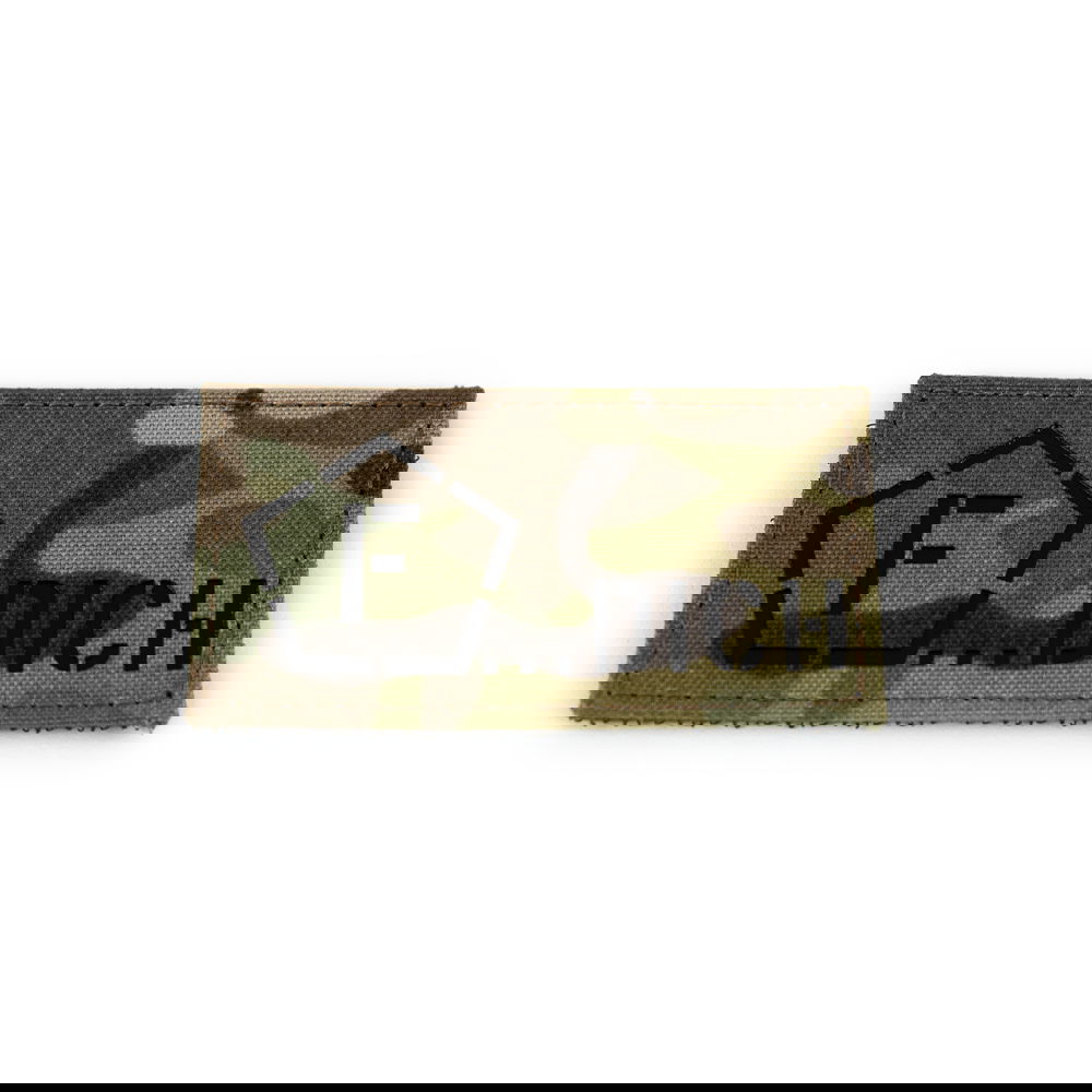 Taktisches Tarn-Patch mit schwarzem "F... DICH"-Aufdruck und Hexagon-Logo, ideal für Airsoft-Ausrüstung.