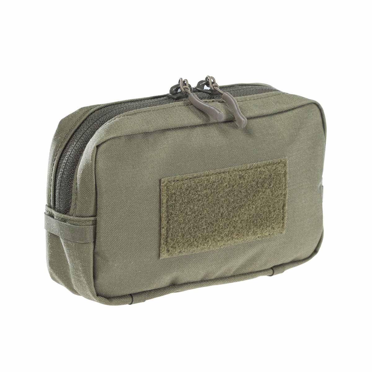 Olivegrüne Airsoft-Tasche mit Reißverschluss und Klettfläche, ideal für Zubehör.