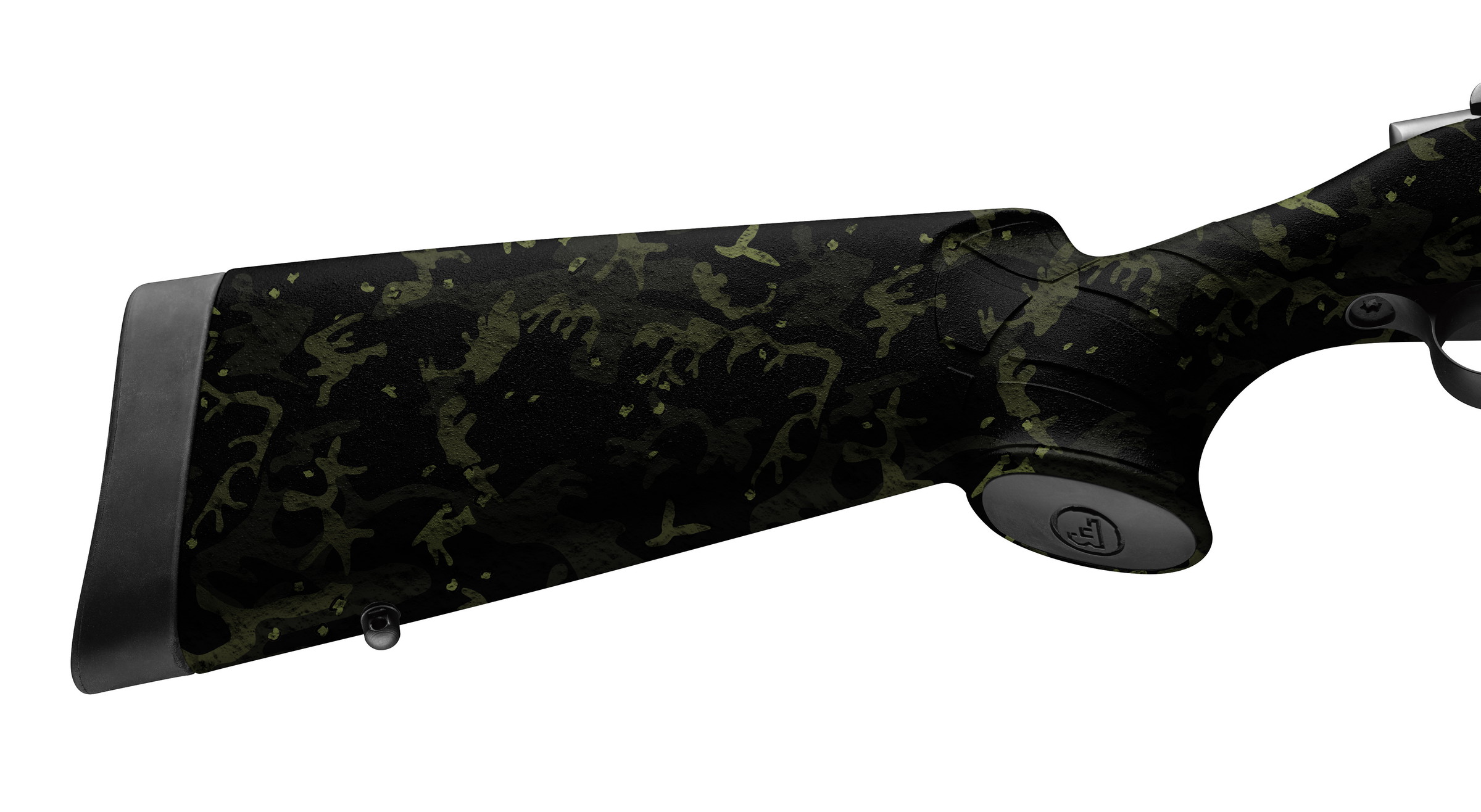 Tarnmuster-Gewehrschaft mit schwarzem und olivgrünem Design, ergonomisch geformt.