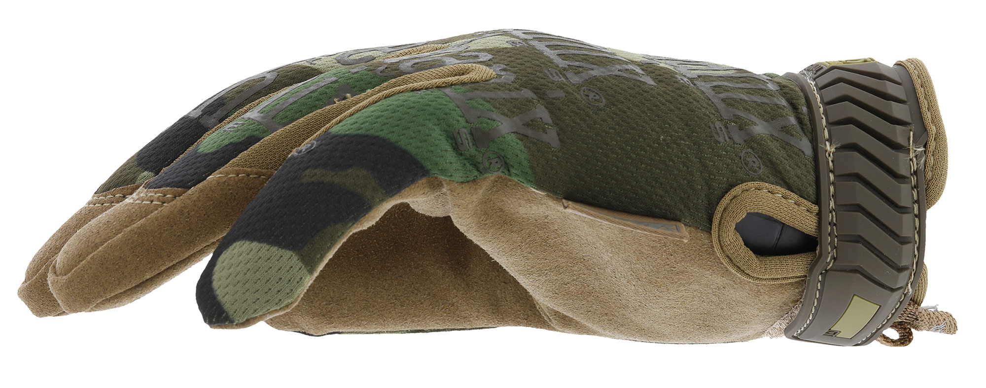 Camouflage Airsoft-Handschuh in Grün und Braun, seitliche Darstellung.