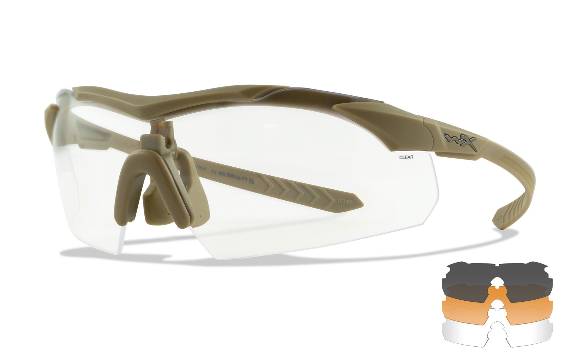 Schutzbrille mit olivgrünem Rahmen und austauschbaren klaren, grauen und gelben Gläsern.