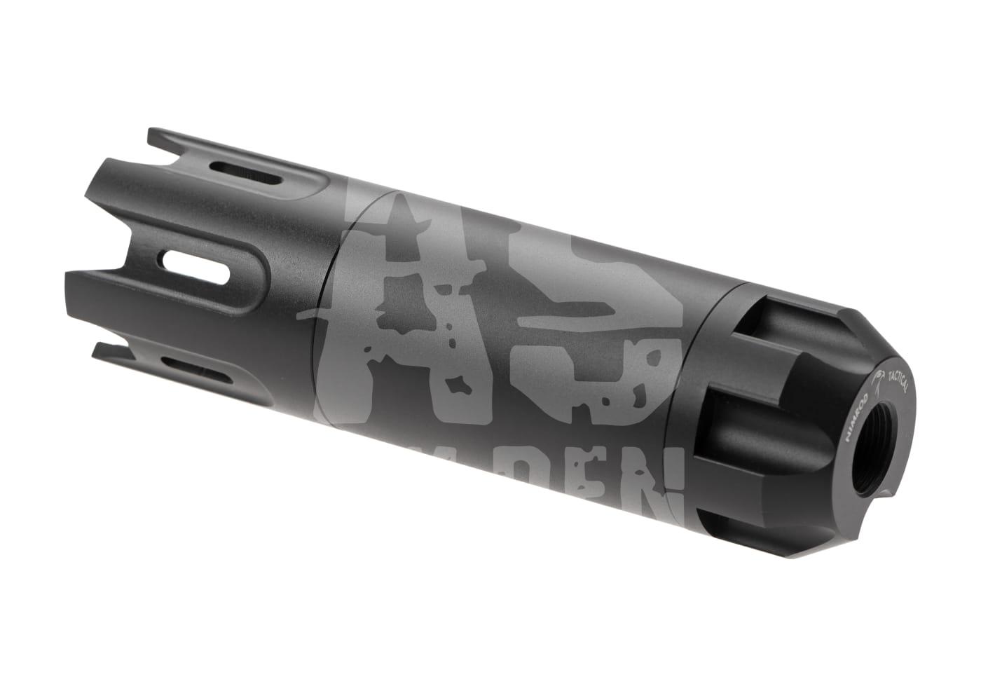 Schwarzer Airsoft-Flash-Hider mit taktischem Design und AS Helden-Logo.