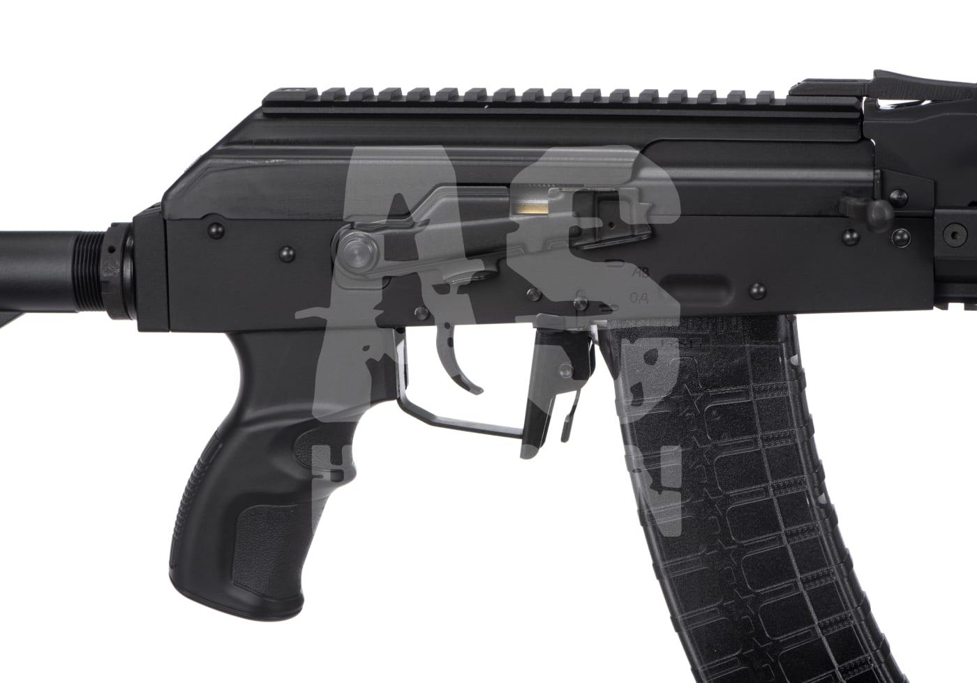 Schwarzes Airsoft-Gewehr mit taktischem Design, Detailansicht von Abzug und Magazinschacht.