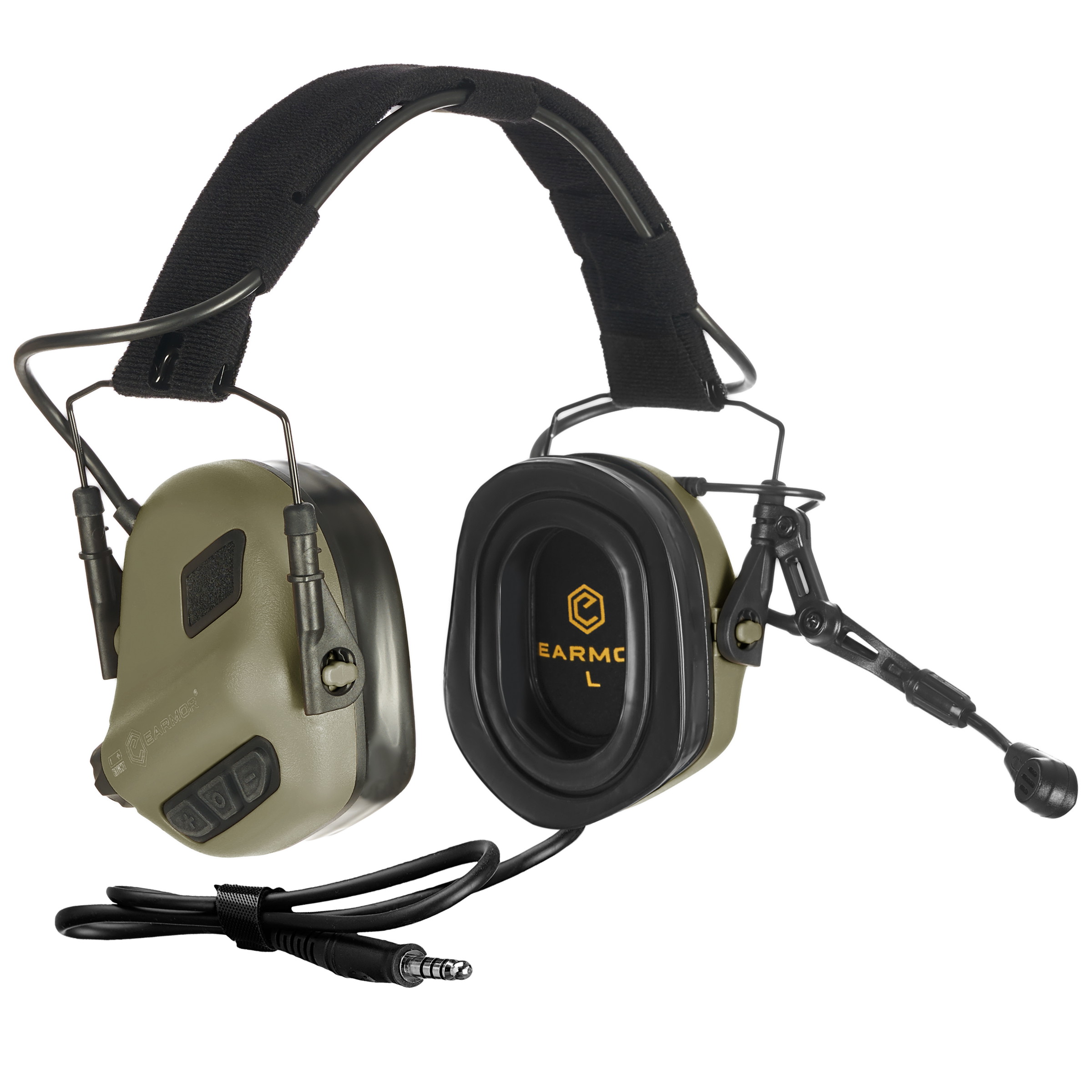 Taktischer Gehörschutz-Kopfhörer mit Mikrofon und Kabel, ideal für Airsoft-Spiele.