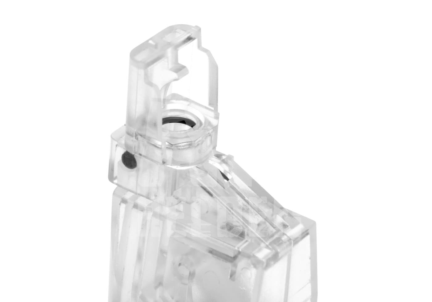 Transparenter Speedloader für Airsoft-Munition, Fokus auf Einfüllstutzen.