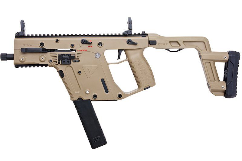 Krytac Kriss Vector S-GBB fde - ab 18 Jahren Tanfarbene Airsoft-Karabiner im futuristischen Design, seitliche Ansicht.