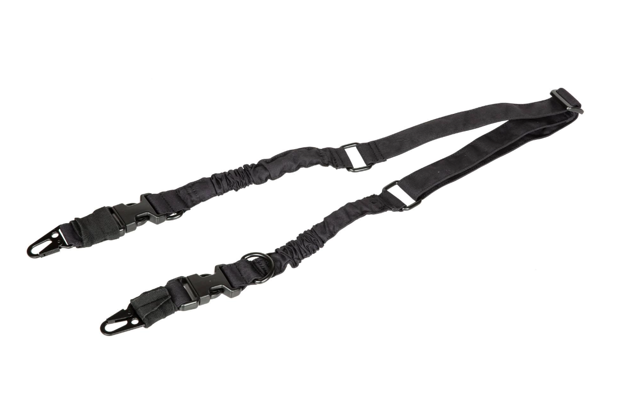 Schwarzer Airsoft-Gewehrriemen mit Karabinern und verstellbaren Riemen.