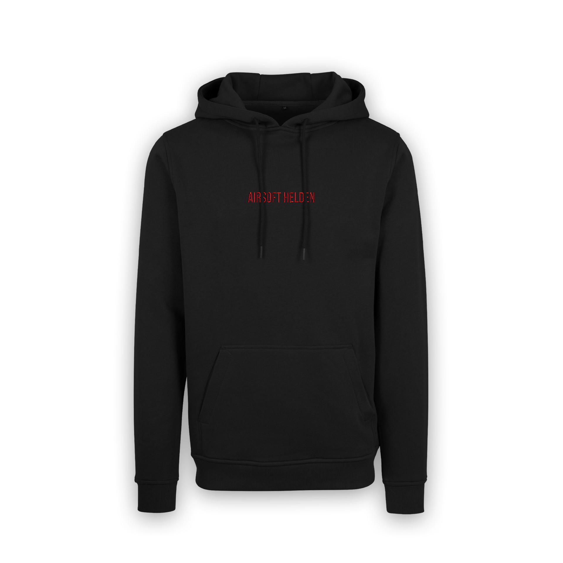 Schwarzer Hoodie mit rotem "Airsoft Helden"-Schriftzug, Kapuze und Kängurutasche.