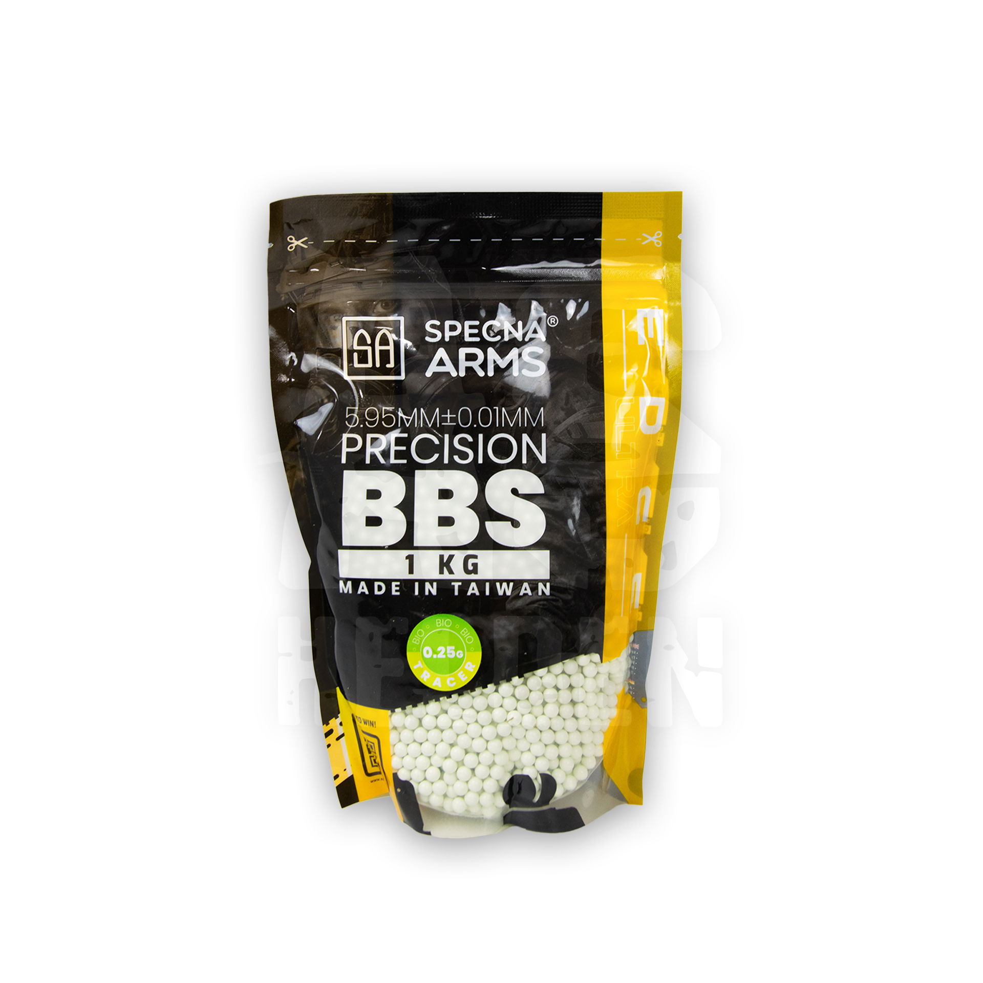 Specna Arms 1 kg BBs, 5.95mm ±0.01mm, Made in Taiwan, Bio, 0.25g, gelbe Verpackung, Präzisionskugeln für Airsoft.