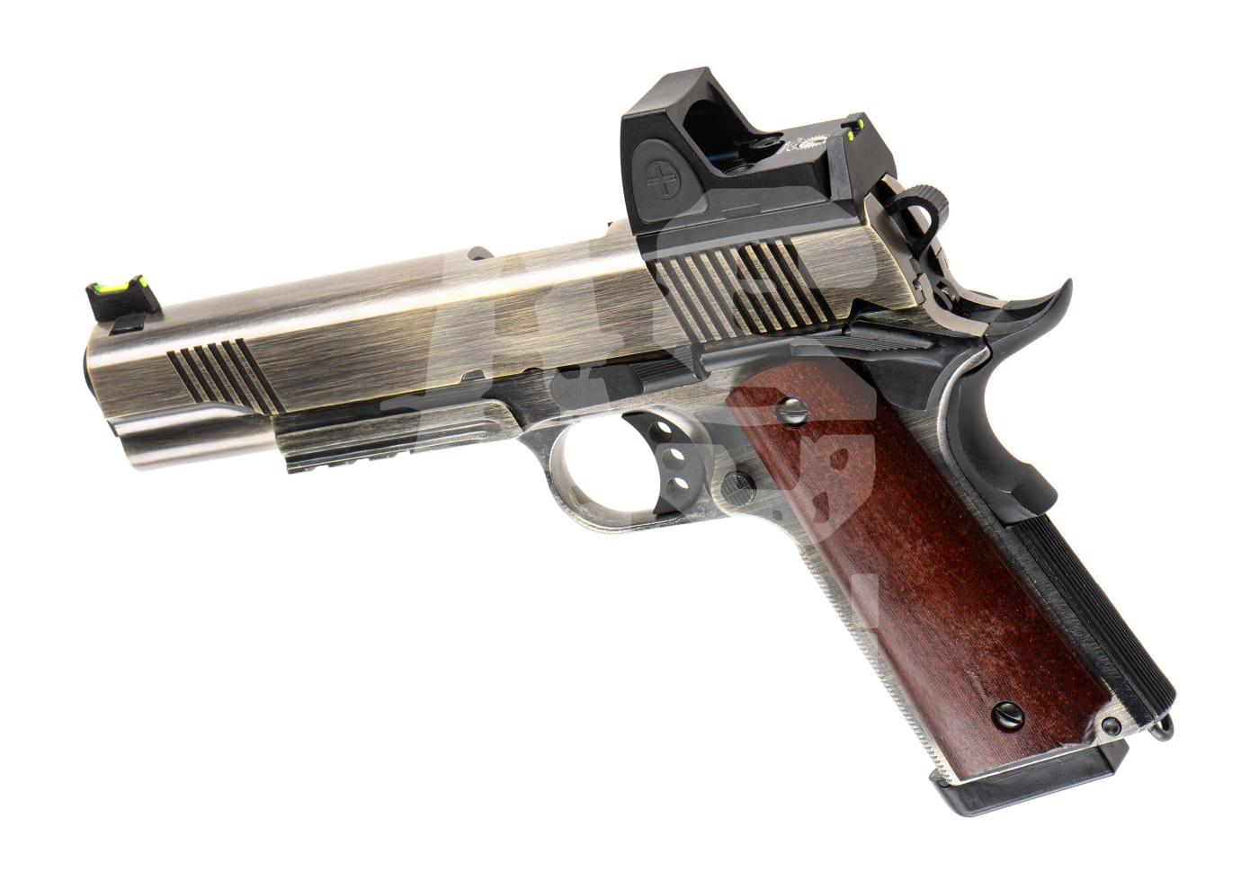 Nuprol Raven MEU Railed + BDS GBB Brushed - ab 18 Jahren Airsoft-Pistole mit Holzgriff und Red-Dot-Visier, seitliche Ansicht.