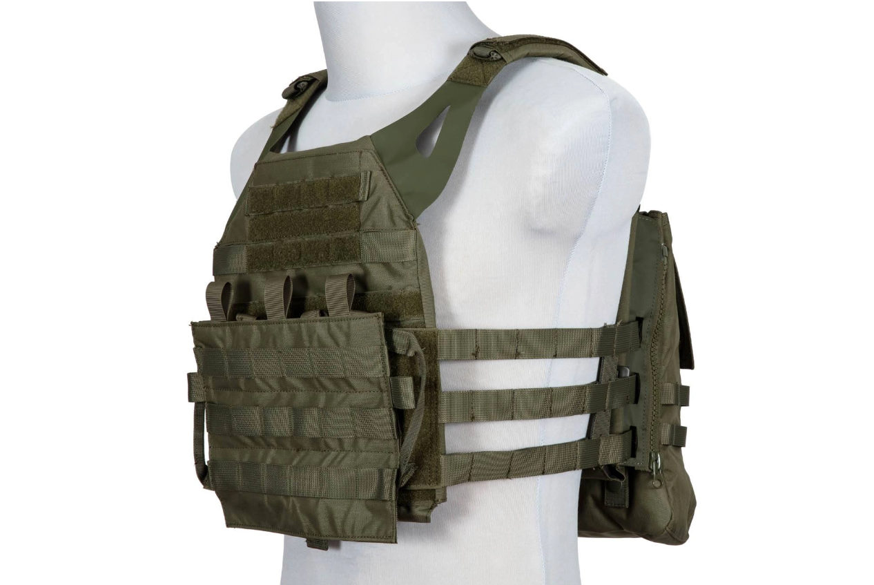 GFT Jump MK2 Tactical Vest Olivefarbener Airsoft-Plattenträger mit MOLLE-System auf Schaufensterpuppe.