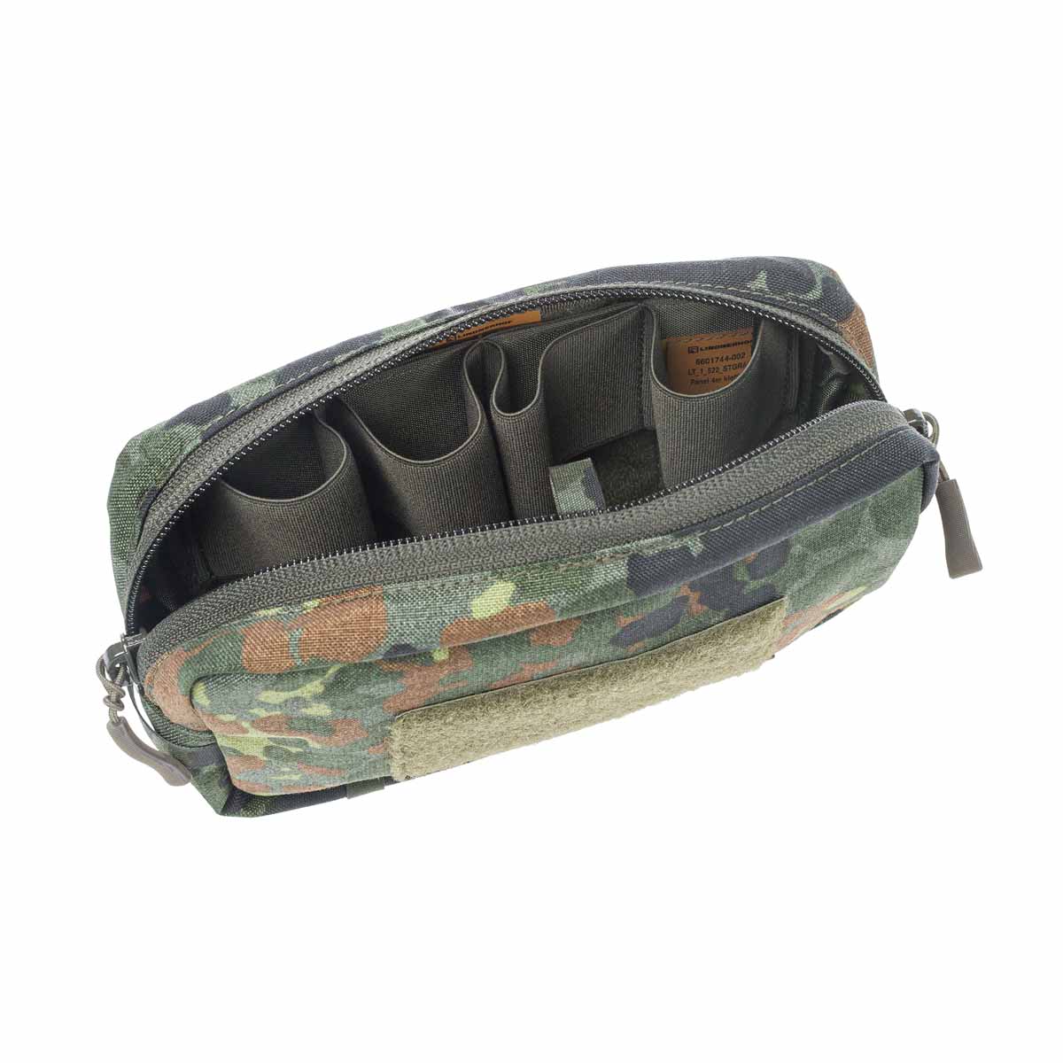 Taktische Molle-Tasche mit Flecktarnmuster, mehreren Innenfächern und Reißverschluss, ideal für Airsoft-Zubehör.