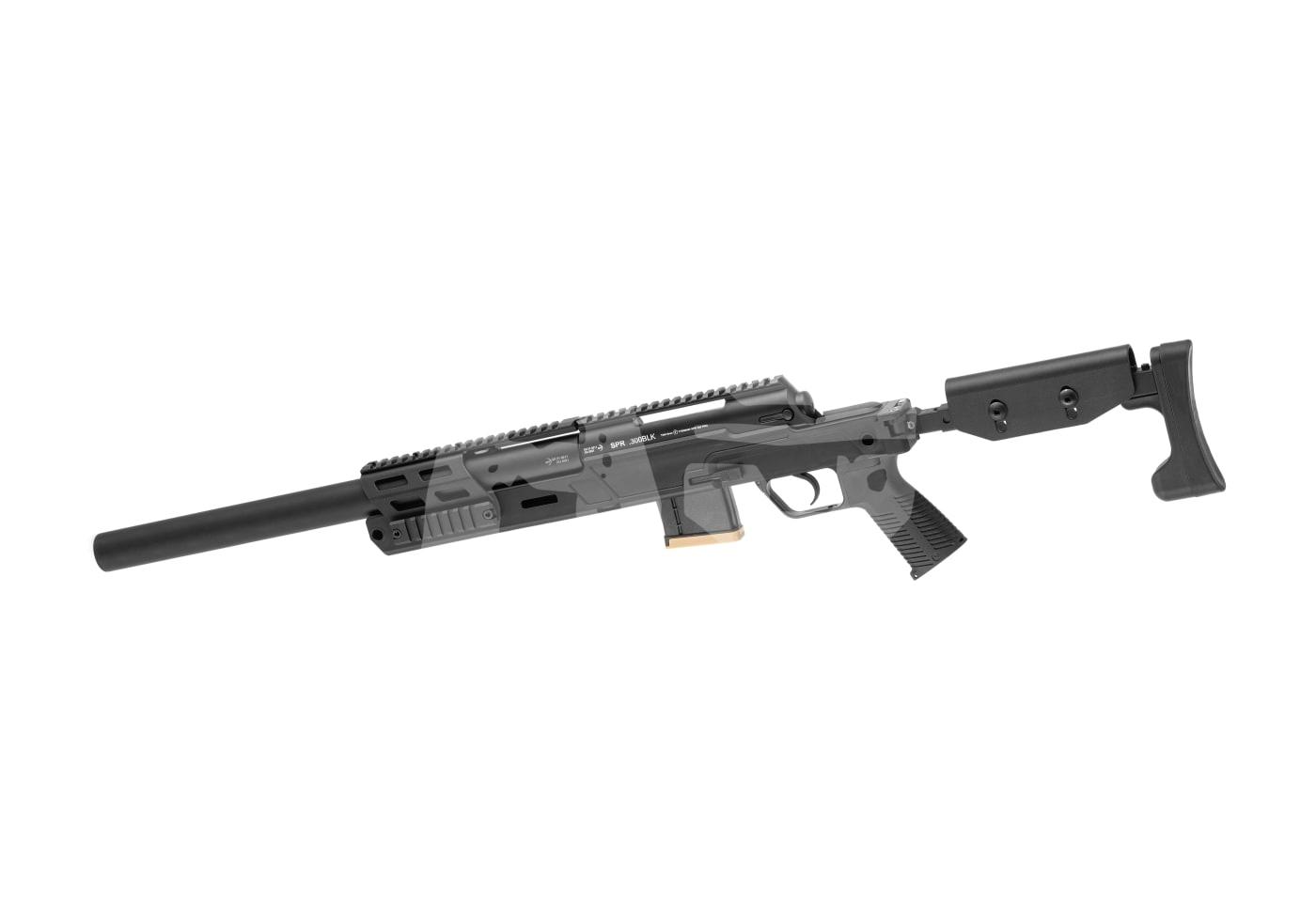 Archwick B&T SPR 300 Pro 2.8J - ab 18 Jahren Airsoft-Scharfschützengewehr mit taktischem Schaft und langem Lauf in schwarzem Design.
