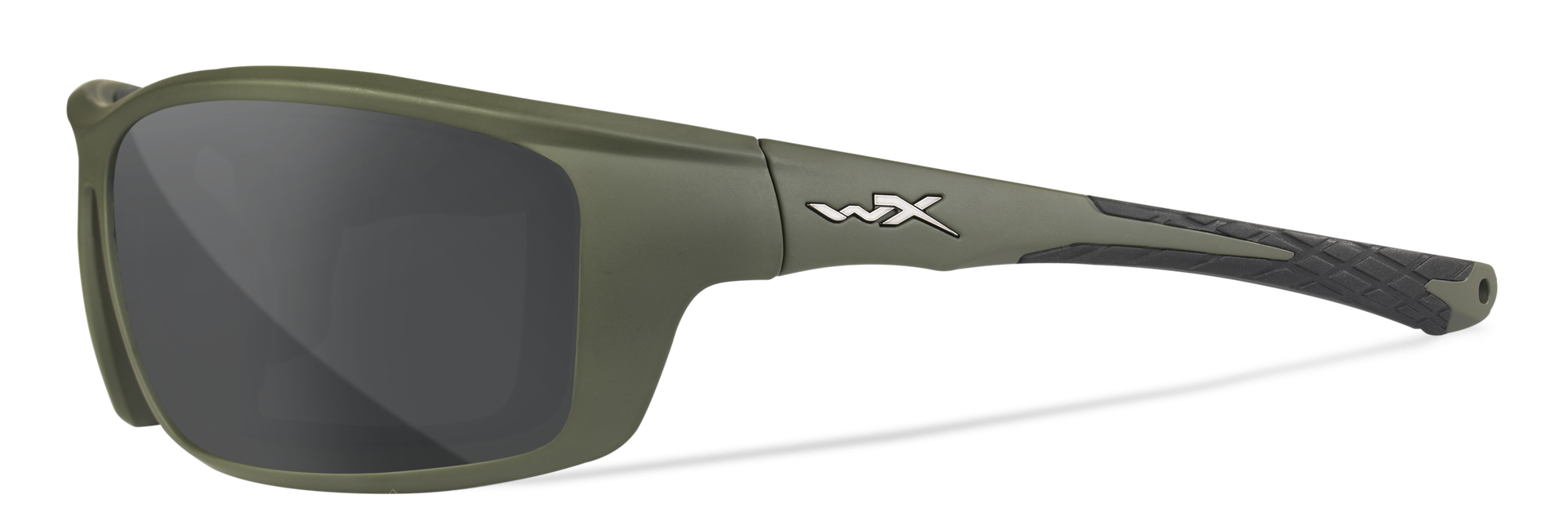 Grüne taktische Sonnenbrille mit schwarzem Griff und WX-Logo, ideal für Airsoft-Szenarien.
