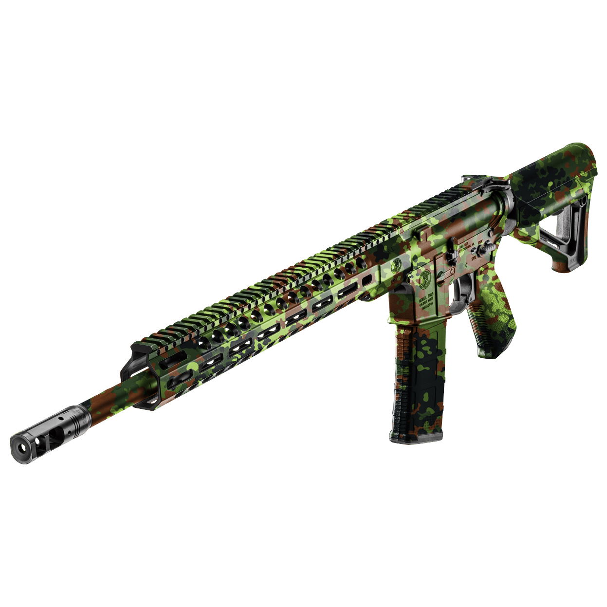 GunsWrap AR15 / M4 Rifle Skins Airsoft-Gewehr im grünen Tarnmuster mit taktischem Handguard und einstellbarer Schulterstütze.