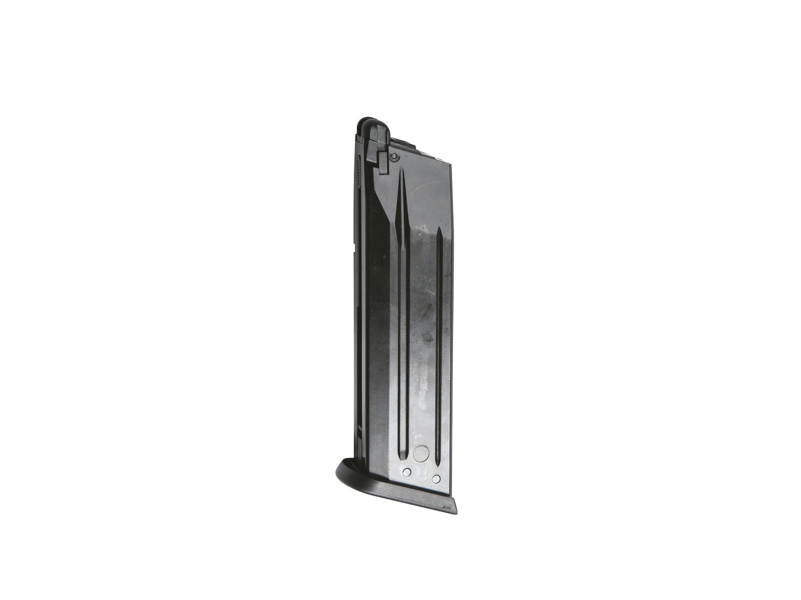 ASG CZ P-09 Magazin GBB 25 Rds Schwarzes Airsoft-Pistolenmagazin, seitliche Ansicht, isoliert auf weißem Hintergrund.