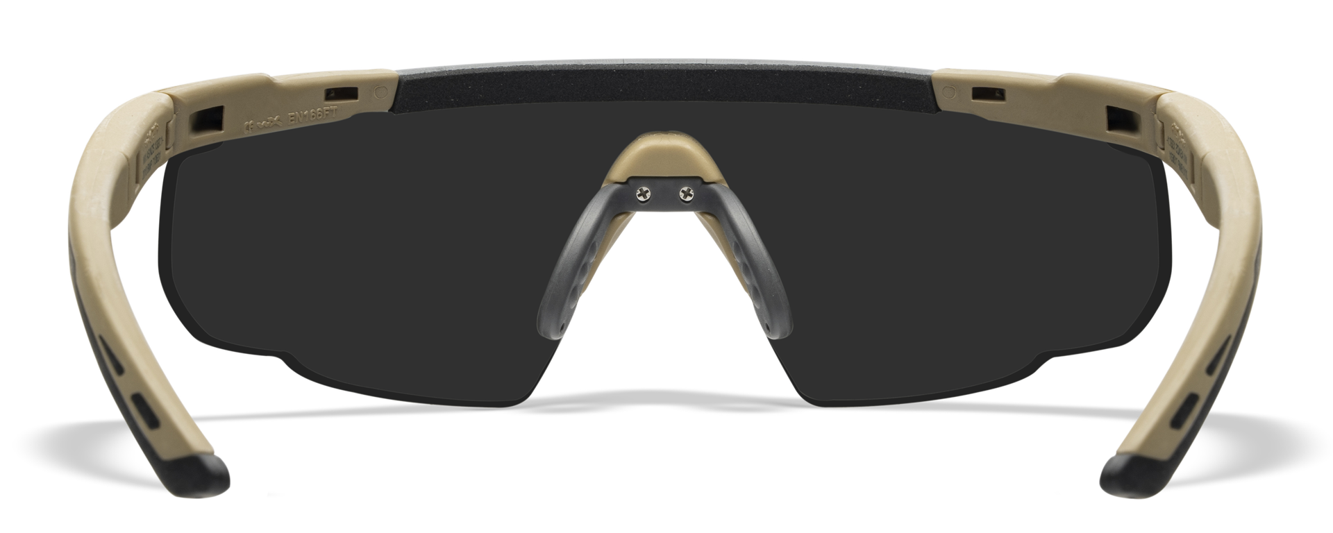 Sportliche Schutzbrille mit dunklen Gläsern und beigem Rahmen, Ansicht von vorne.