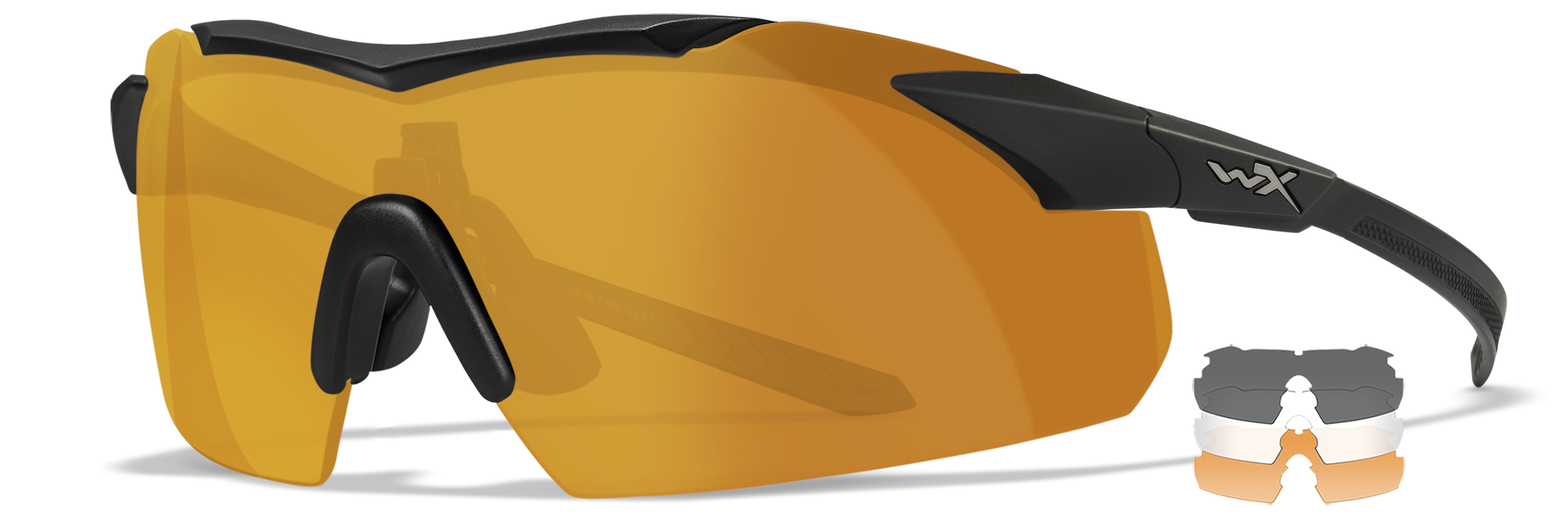 WX Vapor 2.5 Comm Grey / Clear / Light Rust Airsoft-Schutzbrille mit gelben Gläsern und austauschbaren Gläsern in verschiedenen Farben.