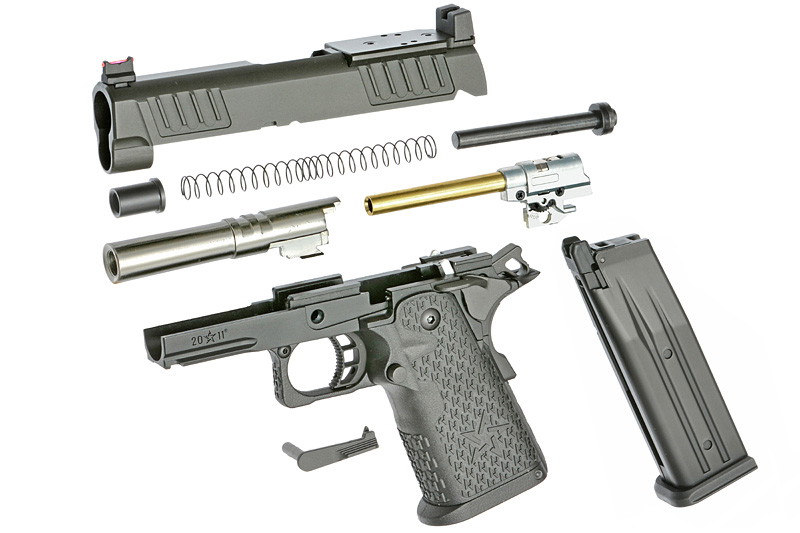 Zerlegte Airsoft-Pistole mit Schlitten, Griffstück, Magazin, Lauf und Federn.