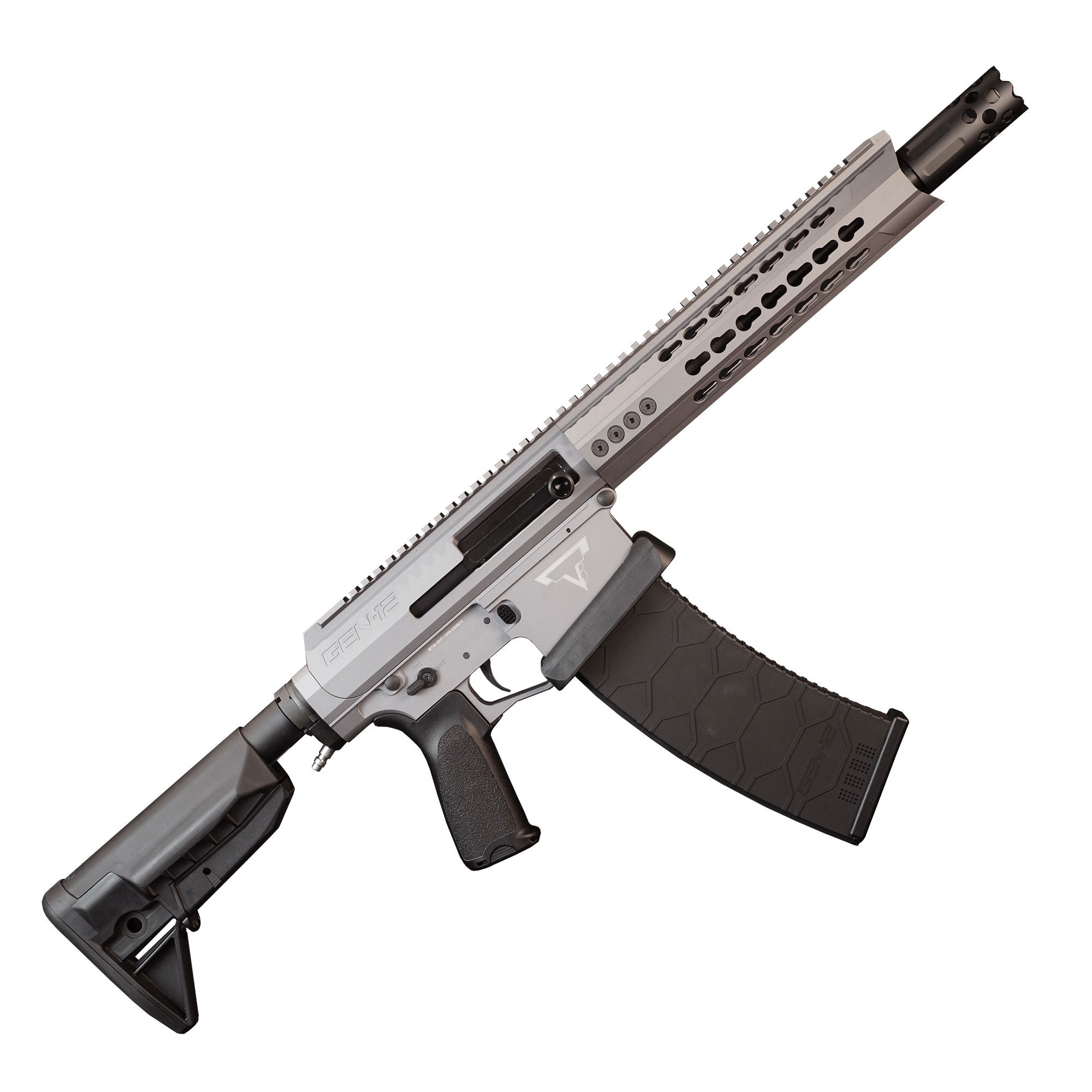 Airsoftgewehr mit grauem Gehäuse, verstellbarem Schaft und taktischer Schiene.