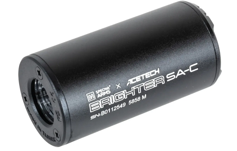 Airsoft-Schalldämpfer "Brighter SA-C" von Acetech, schwarz, mit Aufschrift und Seriennummer.