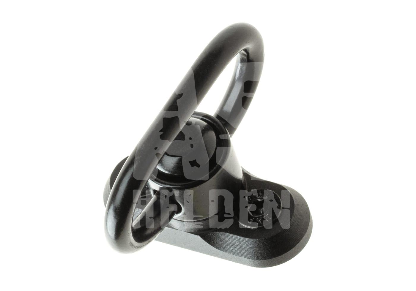 Schwarze QD-Sling-Mount-Befestigung für Airsoft-Gewehre, seitlich dargestellt.