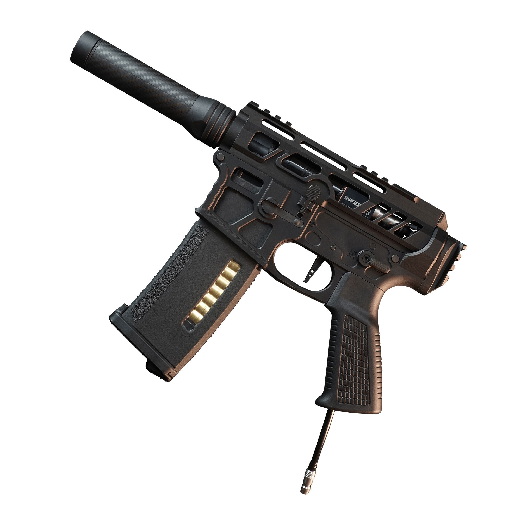 Schwarze Airsoft-Waffe mit Magazin und Schalldämpfer, Kabel unten sichtbar.
