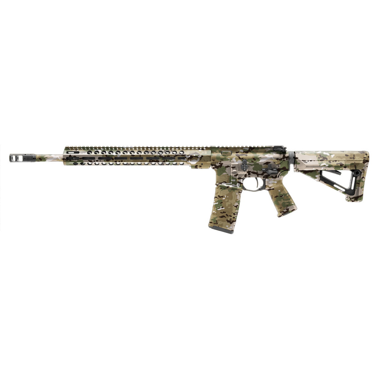 Airsoftgewehr mit Tarnmuster, M4-Design, verstellbare Schulterstütze, taktische Handguard-Schiene.