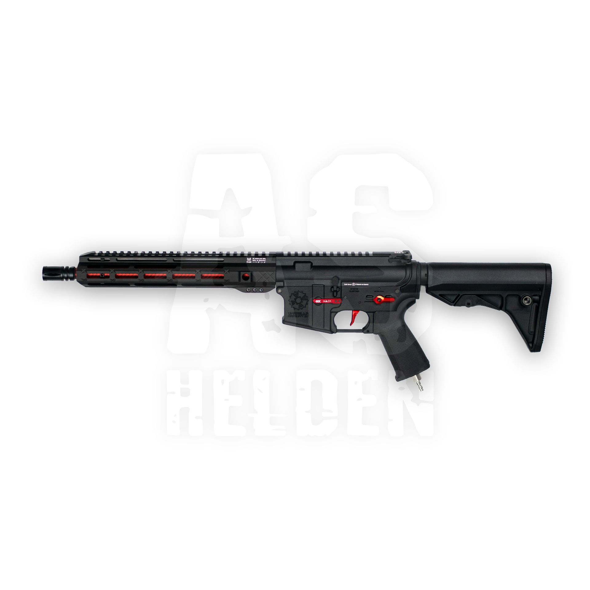 EMAG 11" Carbine S-HPA | AIRSOFT HELDEN EDITION - ab 18 Jahren Airsoft-Sturmgewehr mit schwarzem und rotem Design, kompakter Lauf, taktische Schaftanpassung.