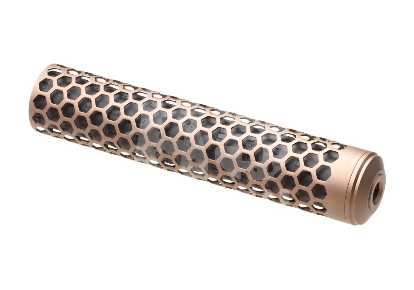 Hexagonales Airsoft-Mock-Suppressor in bronzefarben mit schwarzem Innenkern,  passend für diverse Lauftypen.