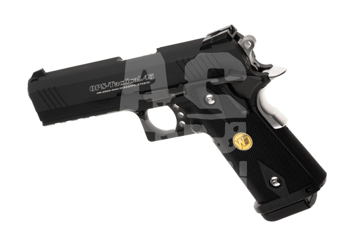 Schwarze Airsoft-Pistole OPS Tactical .45, seitliche Ansicht mit schwarzem Griff und goldfarbenem Logo.