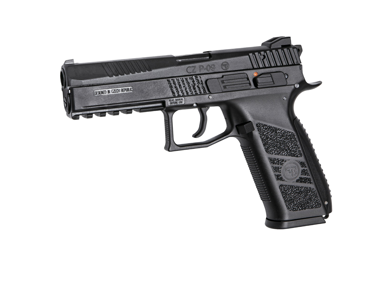 Schwarze Airsoft-Pistole CZ P-09 mit strukturiertem Griff und taktischer Schiene.
