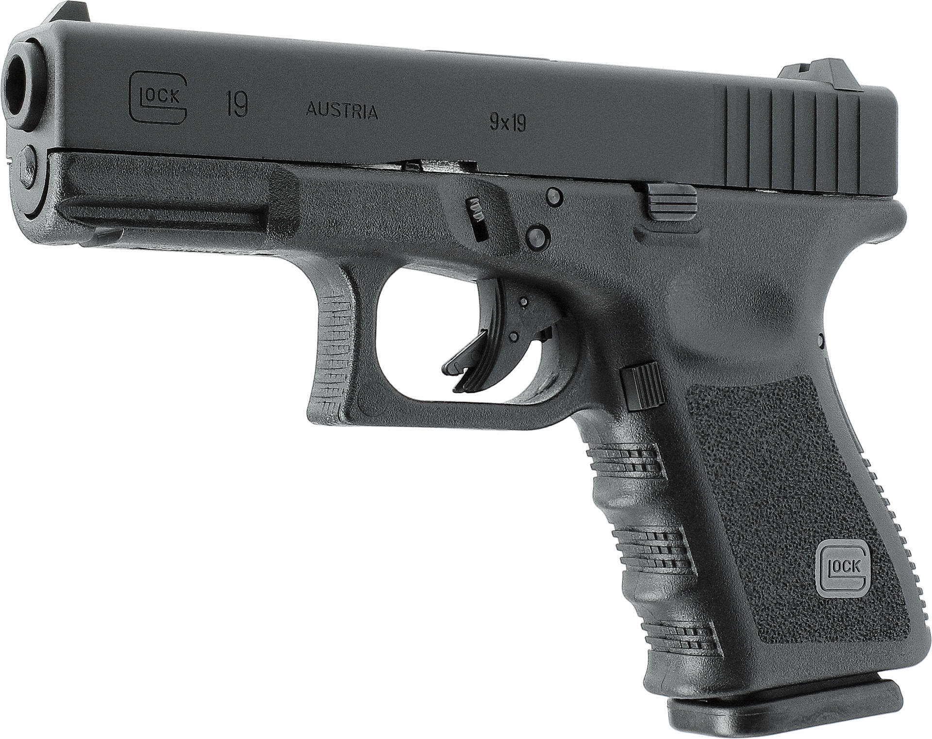 Schwarze Pistole Glock 19, realitätsnahes Airsoft-Modell, seitliche Ansicht.