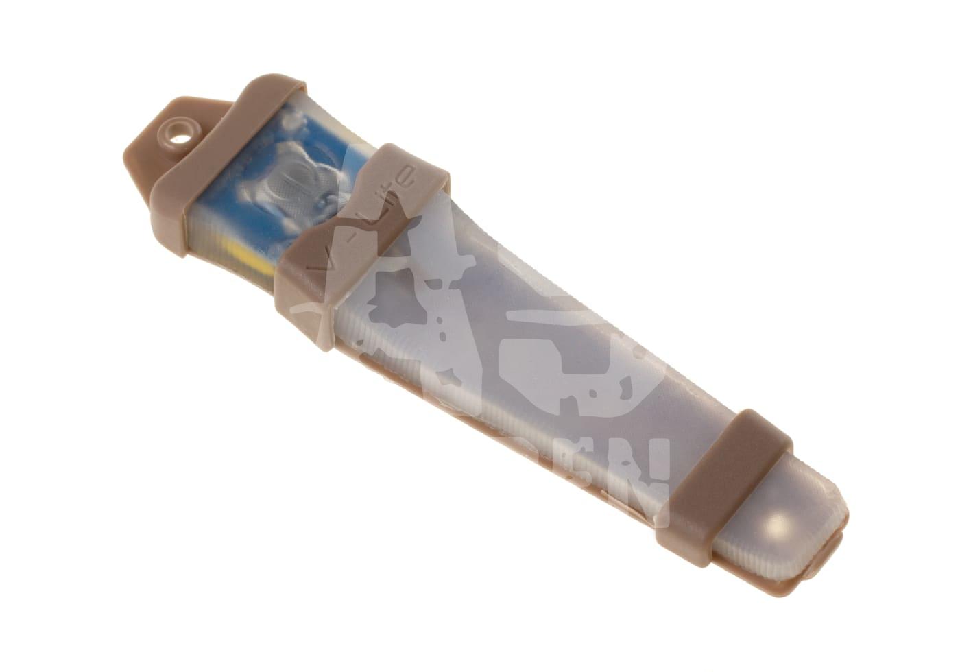 Taktisches Lichtmodul in beiger Halterung für Airsoft-Ausrüstung.