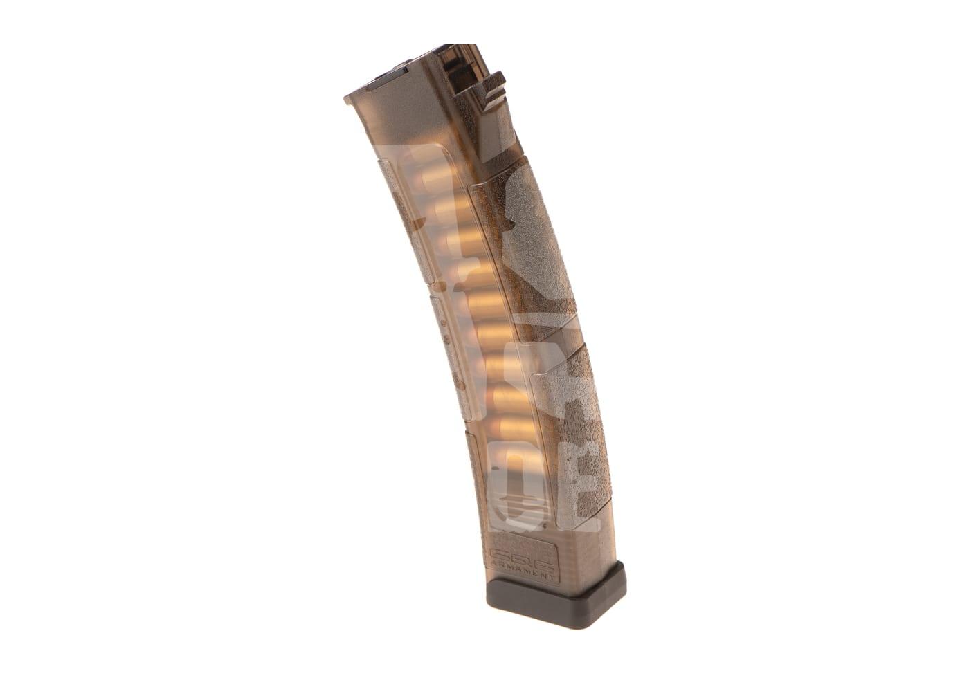 Transparentes Airsoft-Magazin mit sichtbaren Patronen in braunem Camouflage-Design.