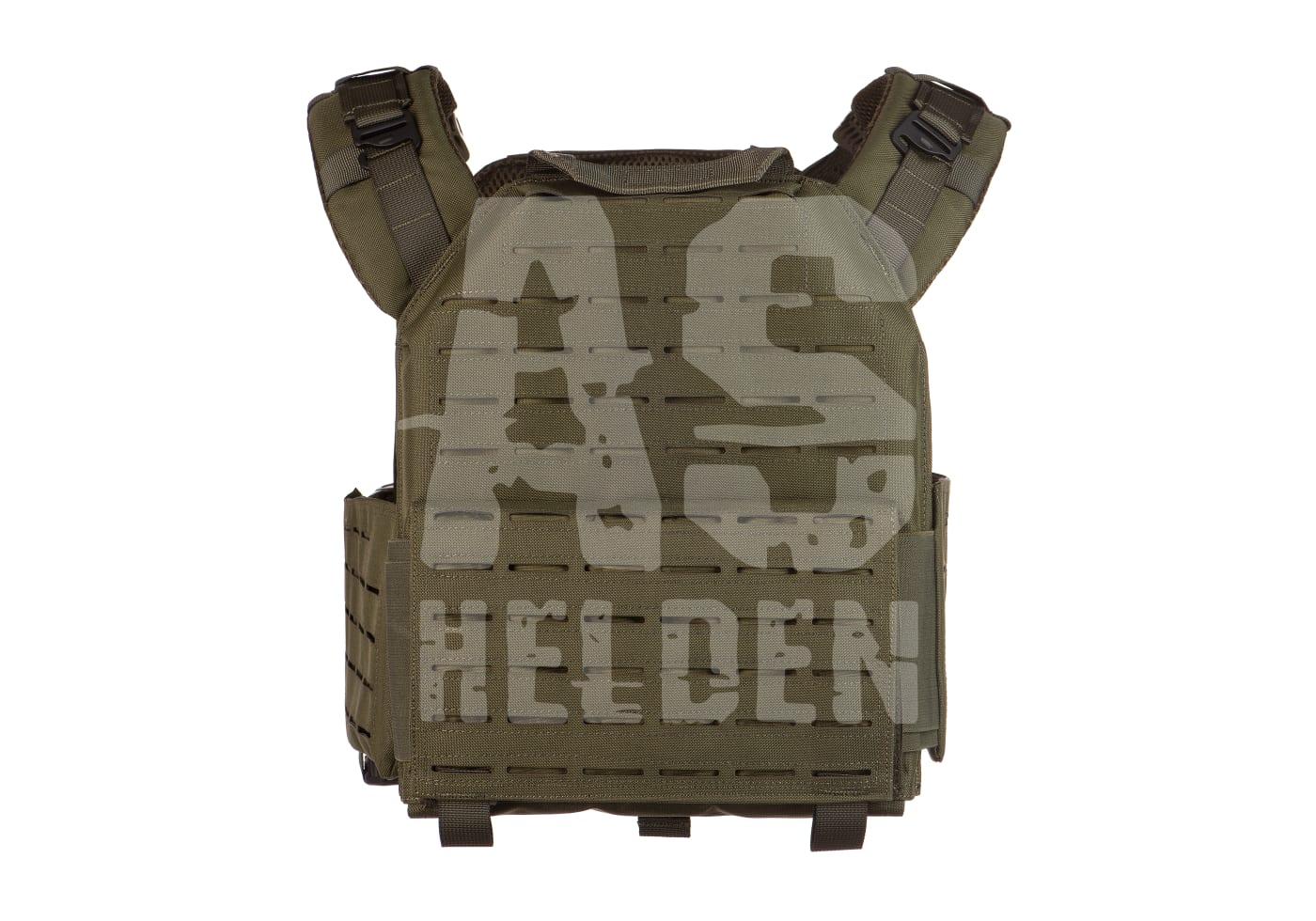 Reaper QRB Plate Carrier Olivegrüner Airsoft-Plate-Carrier mit Laser-Cut-Molle-System und AS Helden Logo.