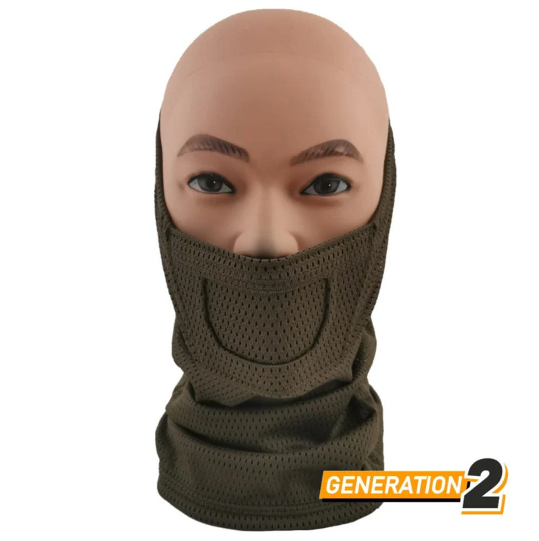 Airsoft-Maske Generation 2, olivgrün, auf einem Modellkopf. Ideal für Gesichtsschutz beim Airsoft-Spielen.