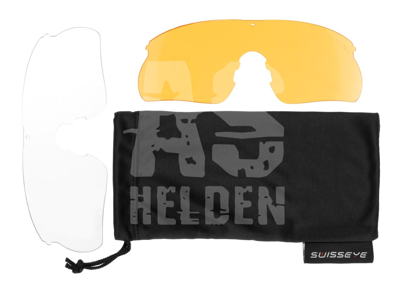 SWISS EYE® Raptor Klar- und Gelbgläser für Airsoftbrille, mit schwarzem Schutzbeutel und "Helden"-Logo.
